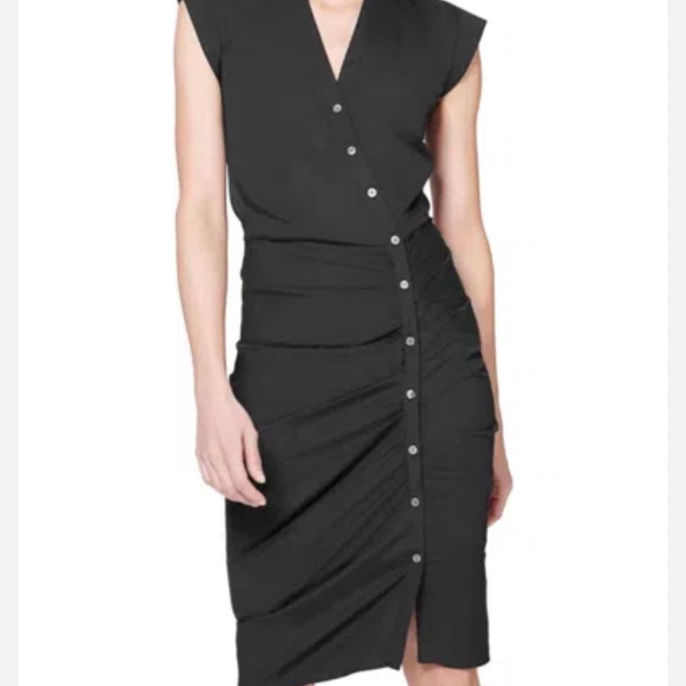 Veronica Beard Black Asymmetrical Button-Front Ruched Midi Dress